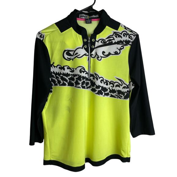Jamie Sadock Womens Medium 1/4 Zip Top Golf Yellow Dragon Signed Black Stretch - Picture 1 of 12